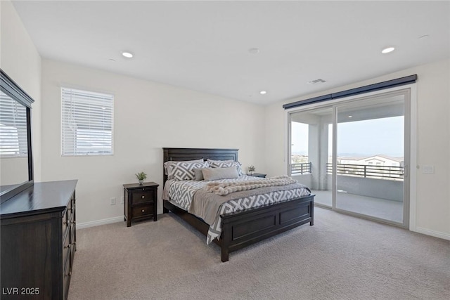 bedroom with access to outside, light carpet, recessed lighting, and baseboards
