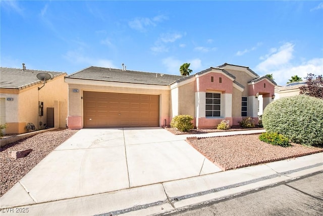 8205 Harrogate Ave, Las Vegas, NV 89129 - view of front of home featuring driveway, an attached garage, stucco siding, and a tile roof