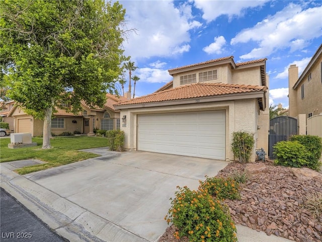 5452 Big Sky Ln, Las Vegas, NV 89149 - mediterranean / spanish-style home with stucco siding, a tile roof, concrete driveway, a front lawn, and a garage