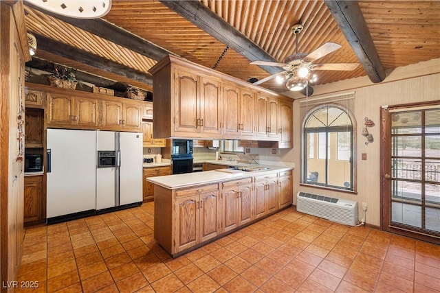1320 Daytona St, Pahrump, NV 89048 - kitchen with white fridge with ice dispenser, wood ceiling, a wall mounted air conditioner, a peninsula, and light countertops