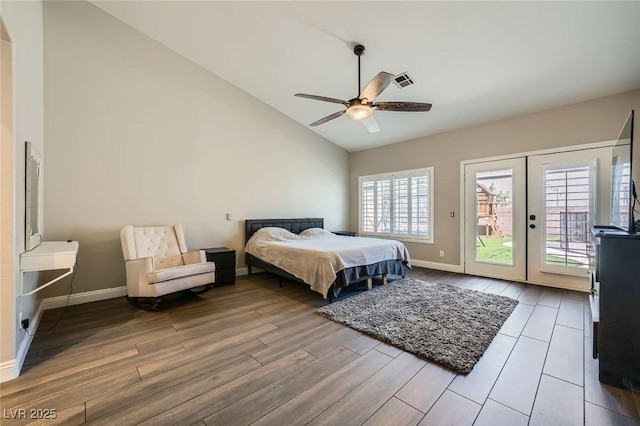 5638 Wild Olive St, Las Vegas, NV 89118 - bedroom featuring wood finished floors, access to exterior, baseboards, a ceiling fan, and high vaulted ceiling