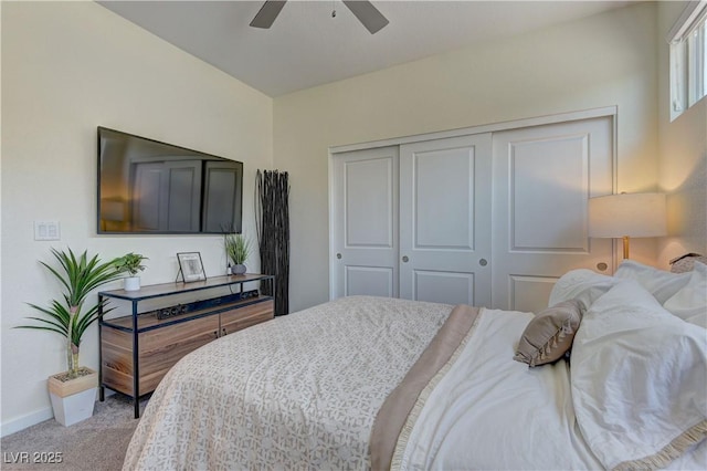 8335 Beaten Path Ct, Las Vegas, NV 89166 - bedroom featuring a closet, light colored carpet, baseboards, and a ceiling fan