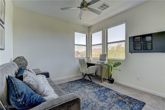 8335 Beaten Path Ct, Las Vegas, NV 89166 - sitting room with ceiling fan, baseboards, carpet floors, and an office area