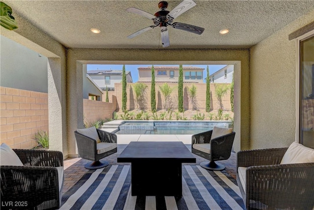 8335 Beaten Path Ct, Las Vegas, NV 89166 - view of patio / terrace with an outdoor living space, a fenced backyard, and ceiling fan