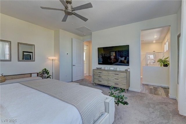 8335 Beaten Path Ct, Las Vegas, NV 89166 - bedroom featuring carpet floors, baseboards, a ceiling fan, and ensuite bath
