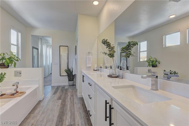 8335 Beaten Path Ct, Las Vegas, NV 89166 - full bathroom featuring wood finished floors, a bath, double vanity, baseboards, and recessed lighting