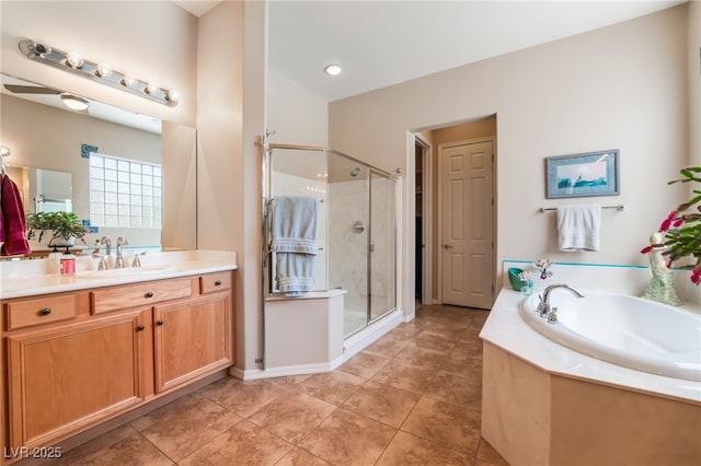 8125 Soledad Canyon St, Las Vegas, NV 89131 - full bathroom with a shower stall, a bath, vanity, and tile patterned floors