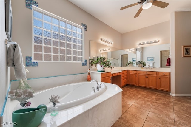 8125 Soledad Canyon St, Las Vegas, NV 89131 - full bathroom featuring a garden tub, a ceiling fan, vanity, and tile patterned floors