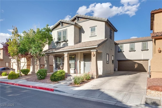 680 Moonlight Stroll St, Henderson, NV 89002 - view of front of home featuring an attached garage, a tiled roof, stucco siding, and driveway
