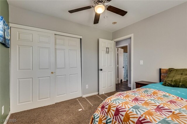 680 Moonlight Stroll St, Henderson, NV 89002 - carpeted bedroom featuring baseboards, a closet, and a ceiling fan