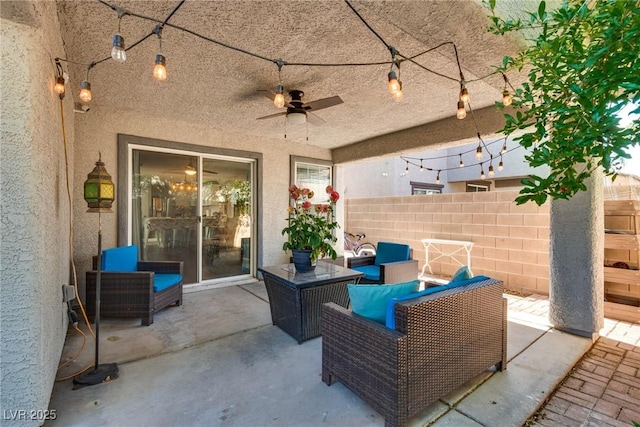 680 Moonlight Stroll St, Henderson, NV 89002 - view of patio / terrace featuring ceiling fan, fence, and an outdoor hangout area