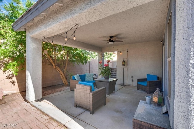 680 Moonlight Stroll St, Henderson, NV 89002 - view of patio / terrace featuring a fenced backyard, ceiling fan, and outdoor lounge area