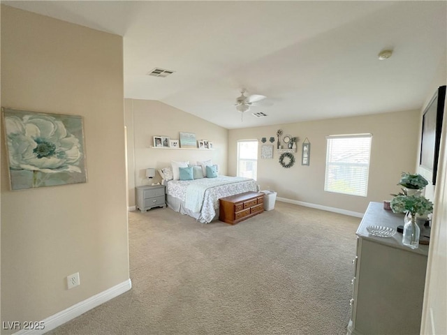 8340 Winterchase Pl, Las Vegas, NV 89143 - bedroom with baseboards, vaulted ceiling, light carpet, and ceiling fan