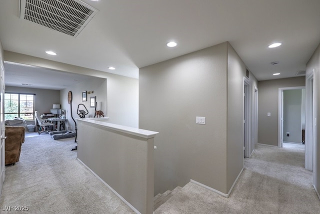10623 Auburn Springs Ave, Las Vegas, NV 89166 - hall featuring an upstairs landing, light carpet, recessed lighting, an office area, and baseboards