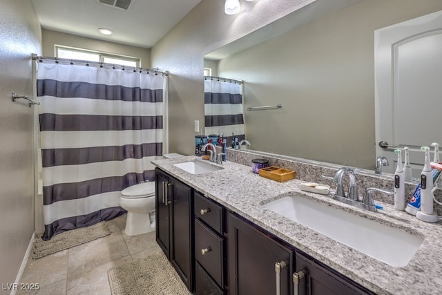 10623 Auburn Springs Ave, Las Vegas, NV 89166 - full bathroom featuring toilet, double vanity, a shower with curtain, and tile patterned floors