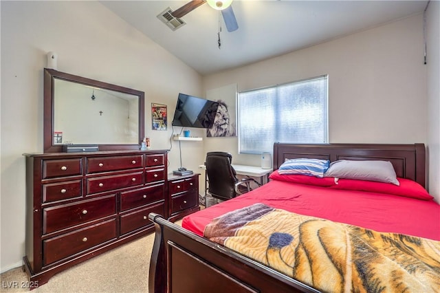 5862 Bluthe Bridge Ave, Las Vegas, NV 89141 - bedroom featuring light carpet, lofted ceiling, a ceiling fan, an office area, and baseboards