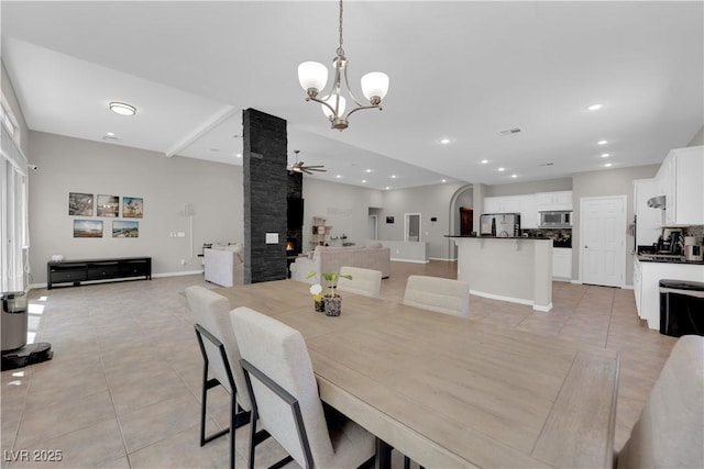 11244 Gammila Dr, Las Vegas, NV 89141 - dining room featuring light tile patterned floors, a chandelier, ceiling fan, baseboards, and recessed lighting