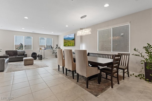 10324 Stroma Ave, Las Vegas, NV 89166 - dining room with light tile patterned floors, a chandelier, recessed lighting, and baseboards