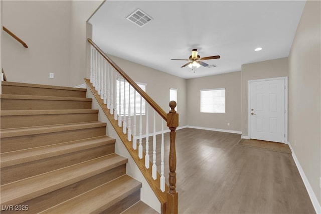 125 Sharp Edge Ave, North Las Vegas, NV 89031 - foyer featuring stairway, wood finished floors, ceiling fan, baseboards, and recessed lighting