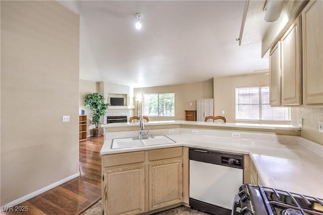 1557 Lake Placid Ter Unit 1557, Henderson, NV 89014 - kitchen featuring white dishwasher, a sink, open floor plan, light countertops, and wood finished floors