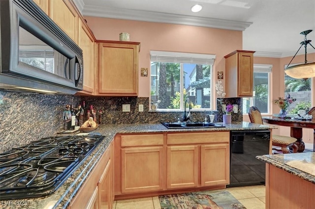 kitchen with black appliances, a sink, crown molding, light tile patterned floors, and backsplash