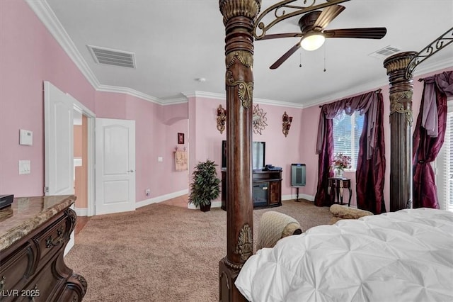 carpeted bedroom featuring crown molding, baseboards, and ceiling fan