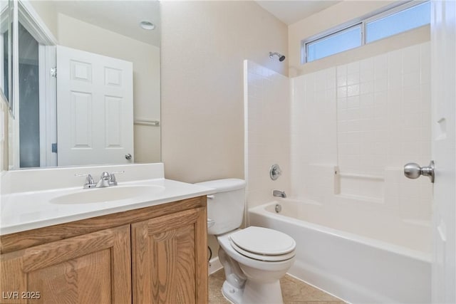 full bath featuring toilet, vanity, shower / tub combination, and tile patterned flooring