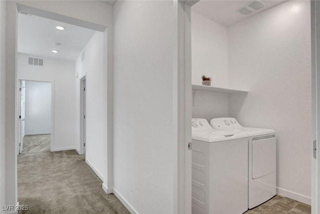 40 Strada Moscato, Henderson, NV 89011 - clothes washing area featuring washer and dryer, baseboards, recessed lighting, and light carpet