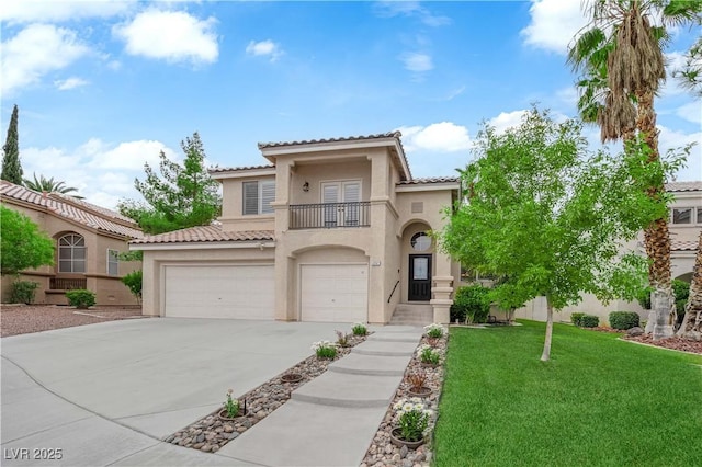 2257 Norway Pine Ct, Las Vegas, NV 89134 - mediterranean / spanish-style home featuring a balcony, stucco siding, concrete driveway, an attached garage, and a front yard