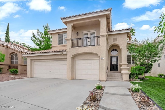 2257 Norway Pine Ct, Las Vegas, NV 89134 - mediterranean / spanish-style home with a balcony, a tiled roof, a garage, and stucco siding