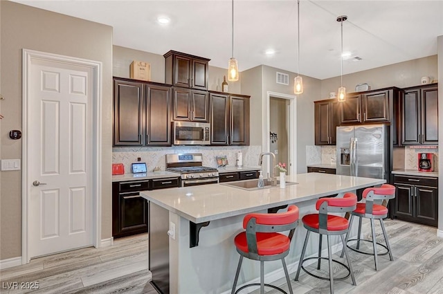 468 Harvest Rain, Las Vegas, NV 89011 - kitchen with appliances with stainless steel finishes, a sink, light wood-style floors, light countertops, and backsplash