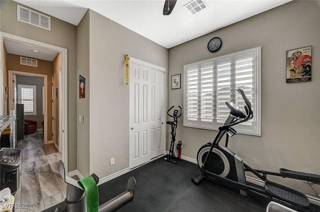 468 Harvest Rain, Las Vegas, NV 89011 - exercise area featuring ceiling fan, baseboards, and dark wood finished floors
