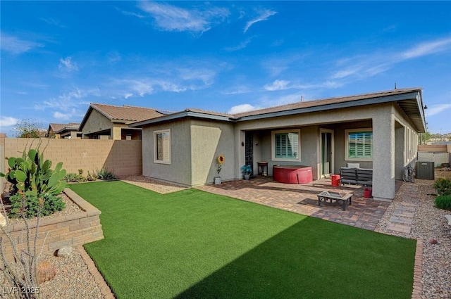 468 Harvest Rain, Las Vegas, NV 89011 - back of house featuring a covered hot tub, a patio area, stucco siding, and central AC unit