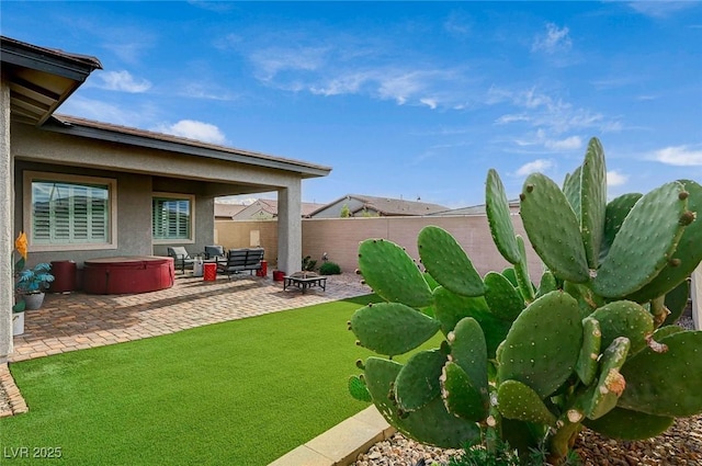 468 Harvest Rain, Las Vegas, NV 89011 - fenced backyard featuring a hot tub, a patio area, and a fire pit
