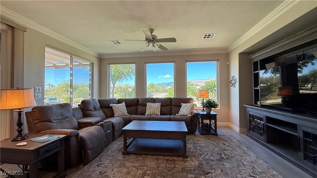 4299 Fiore Bella Blvd, Las Vegas, NV 89135 - living room featuring ceiling fan, wood finished floors, ornamental molding, baseboards, and a textured ceiling