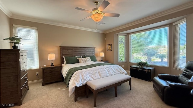 4299 Fiore Bella Blvd, Las Vegas, NV 89135 - bedroom featuring light carpet, crown molding, a ceiling fan, and baseboards