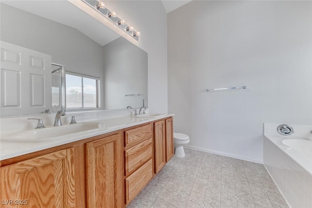 bathroom with lofted ceiling, double vanity, toilet, a bath, and tile patterned floors