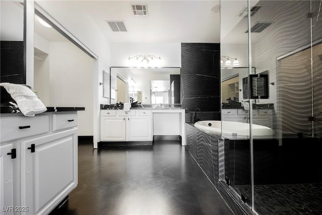 8244 Cupertino Heights Way, Las Vegas, NV 89178 - bathroom featuring a stall shower, a garden tub, concrete flooring, and vanity