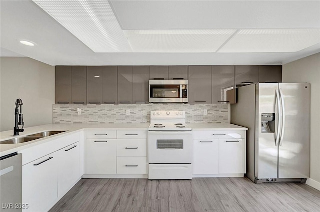 kitchen with stainless steel appliances, a sink, light wood finished floors, and decorative backsplash