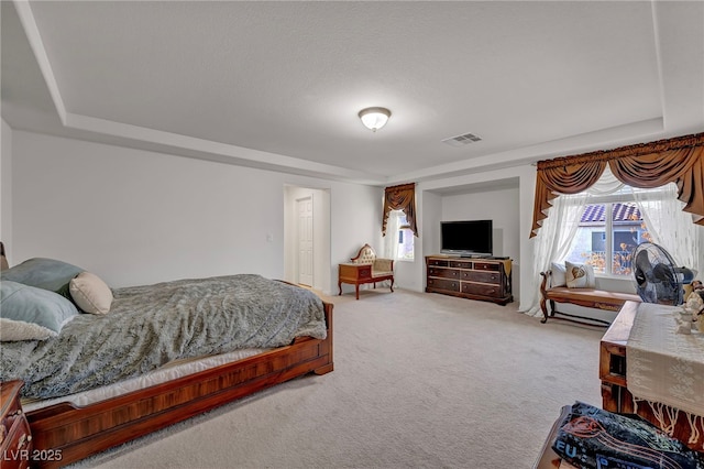 carpeted bedroom featuring multiple windows and a tray ceiling