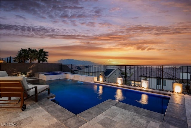 4576 Amazing View St, Las Vegas, NV 89129 - view of swimming pool featuring a mountain view, a fenced backyard, a patio area, and a pool with connected hot tub