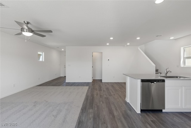 6233 Blood Lily Ave, Las Vegas, NV 89122 - kitchen featuring stainless steel dishwasher, a sink, white cabinets, recessed lighting, and ceiling fan
