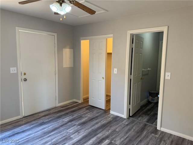 4455 W Ford Ave, Las Vegas, NV 89139 - unfurnished bedroom featuring dark wood-type flooring, a ceiling fan, and a closet