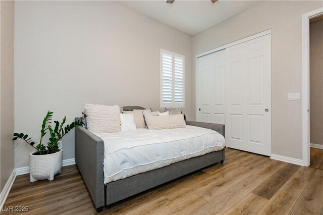 2450 Amatrice St, Henderson, NV 89044 - bedroom with baseboards, a closet, and wood finished floors