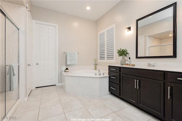 2450 Amatrice St, Henderson, NV 89044 - bathroom featuring a stall shower, tile patterned flooring, vanity, and a bath