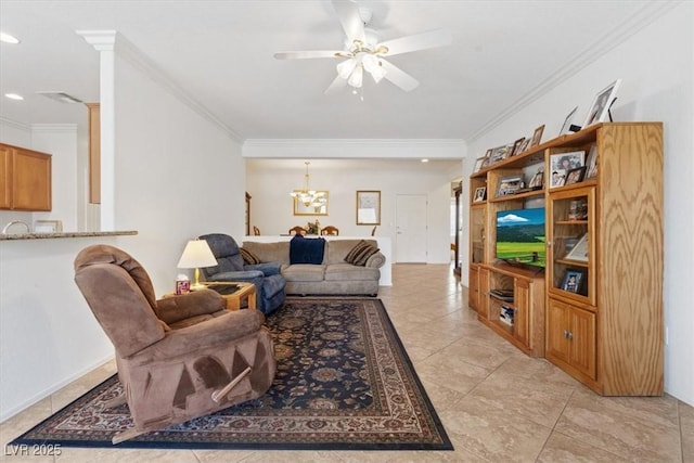 2108 Willow Wren Dr, North Las Vegas, NV 89084 - living area featuring ornamental molding, a ceiling fan, a chandelier, recessed lighting, and light tile patterned floors