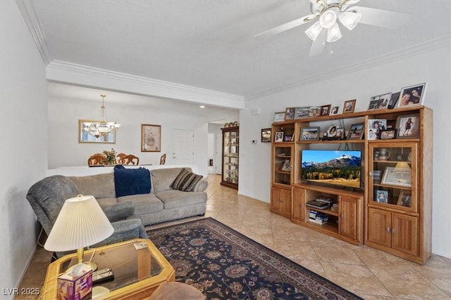2108 Willow Wren Dr, North Las Vegas, NV 89084 - living area featuring ornamental molding, a chandelier, light tile patterned flooring, a ceiling fan, and baseboards