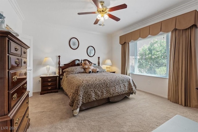 2108 Willow Wren Dr, North Las Vegas, NV 89084 - bedroom with light carpet, ornamental molding, ceiling fan, and baseboards