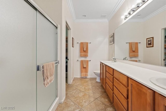 2108 Willow Wren Dr, North Las Vegas, NV 89084 - full bath featuring a stall shower, crown molding, toilet, double vanity, and tile patterned floors