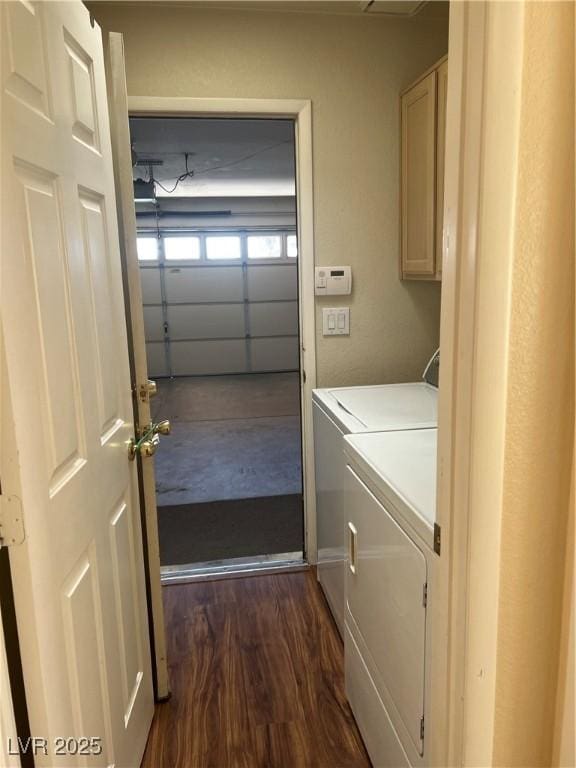 3394 Brookfield Dr, Las Vegas, NV 89120 - laundry area featuring cabinet space, separate washer and dryer, and dark wood-type flooring